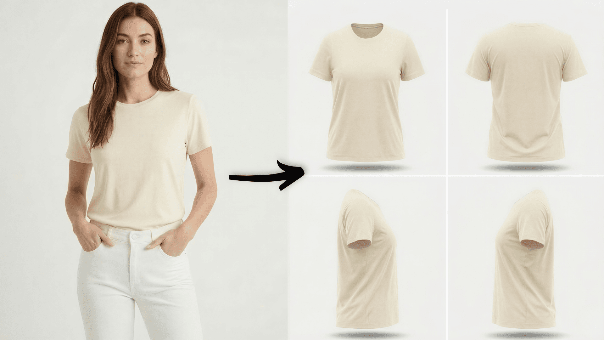 A cream T-shirt on a model, then as ghost mannequin shots from four angles