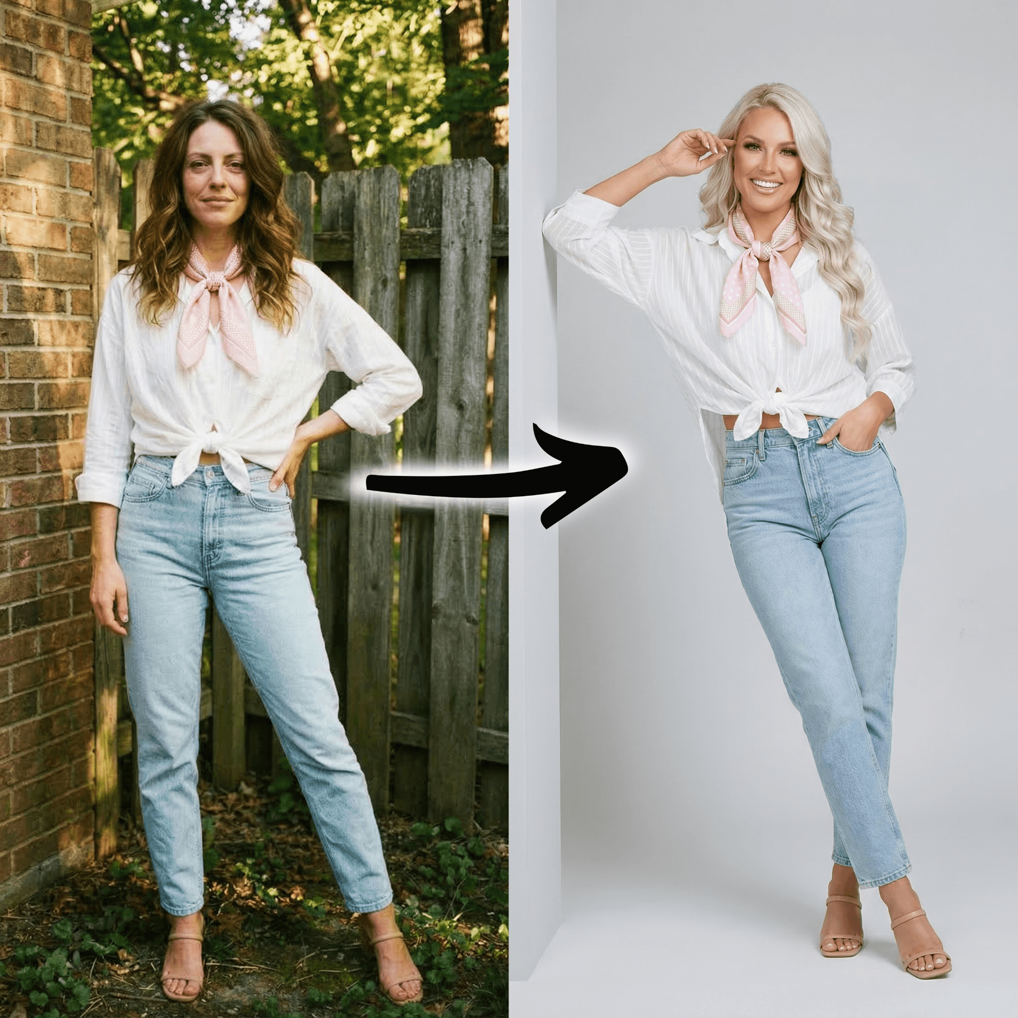A photo of a woman in a white shirt and jeans, then the same outfit on a different model