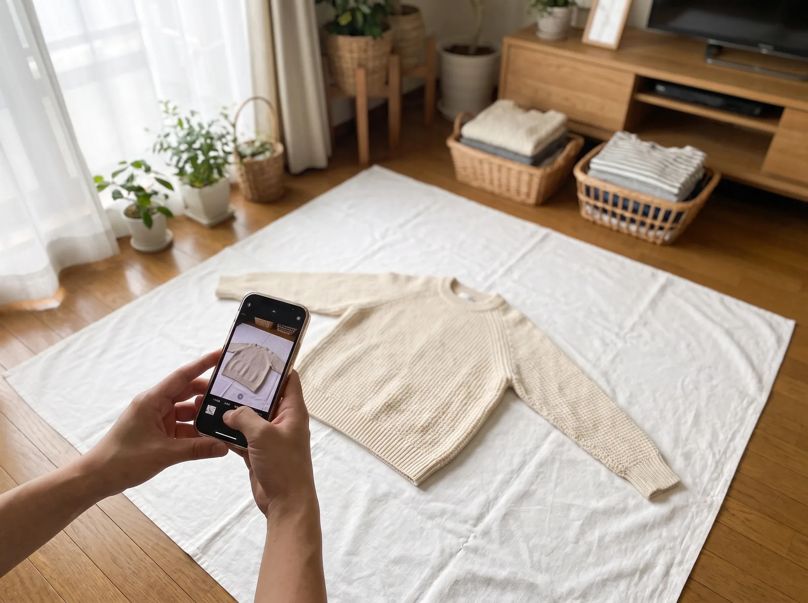 A cream knit sweater laid flat on a white sheet on a wooden floor by a window, with a phone held over it