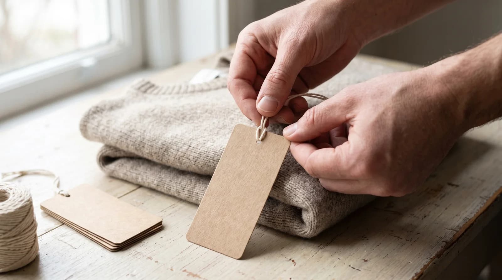 Hands tying a blank kraft hang tag on a cotton string to a folded oat-coloured knit sweater.