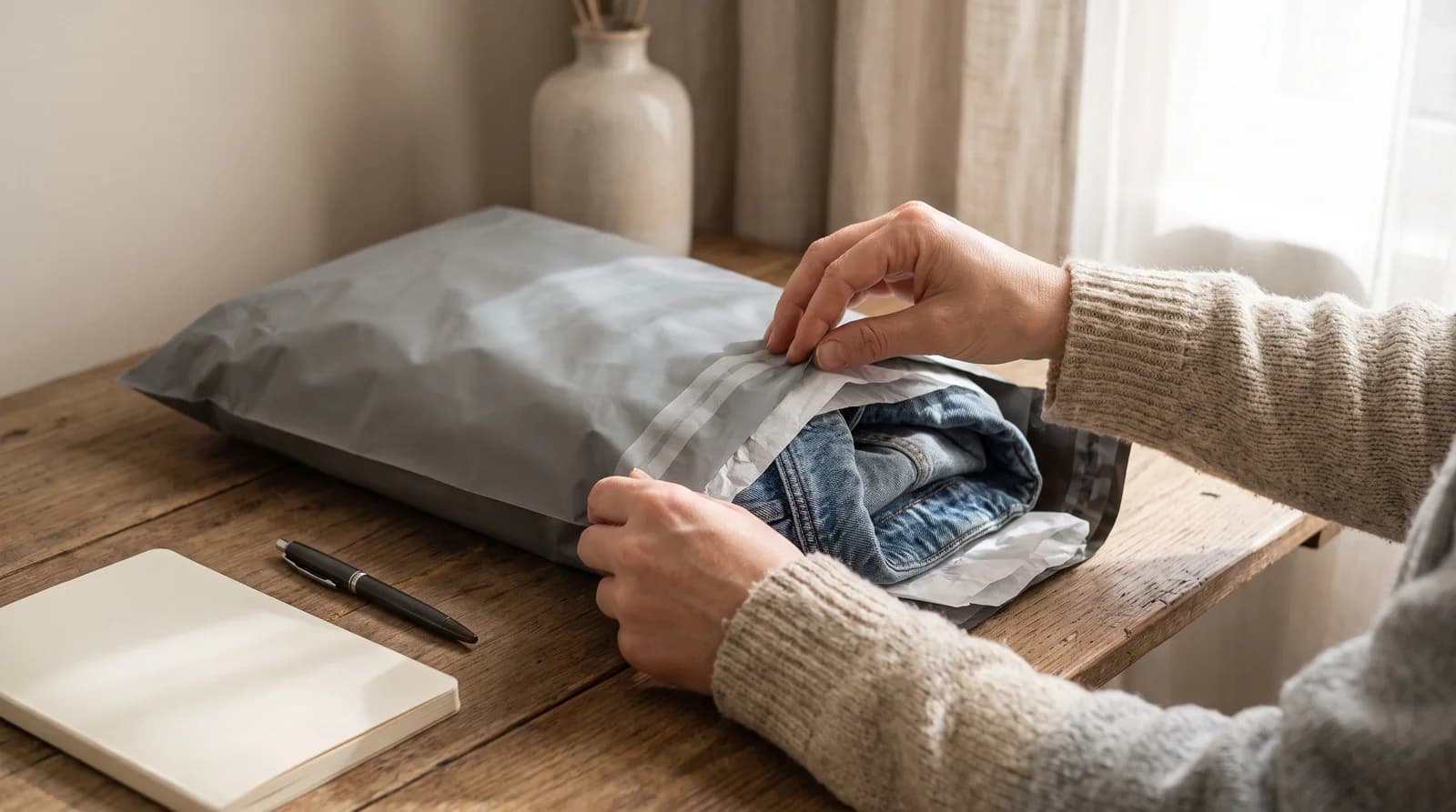 Hands sealing a grey mailer bag with a folded denim jacket in tissue paper inside, a blank notebook and pen beside it.