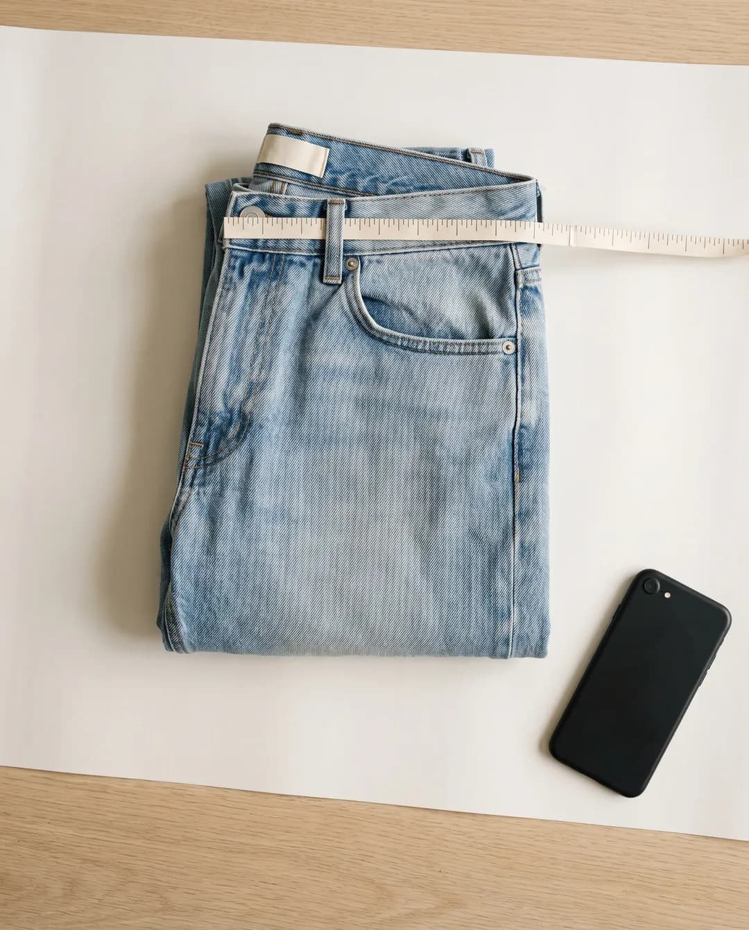 Overhead photo of folded light-wash jeans on white paper on a wooden table, with a cream cloth measuring tape laid across the waistband, a blank fabric tab at the back of the waistband, and a black phone lying face-down beside them.