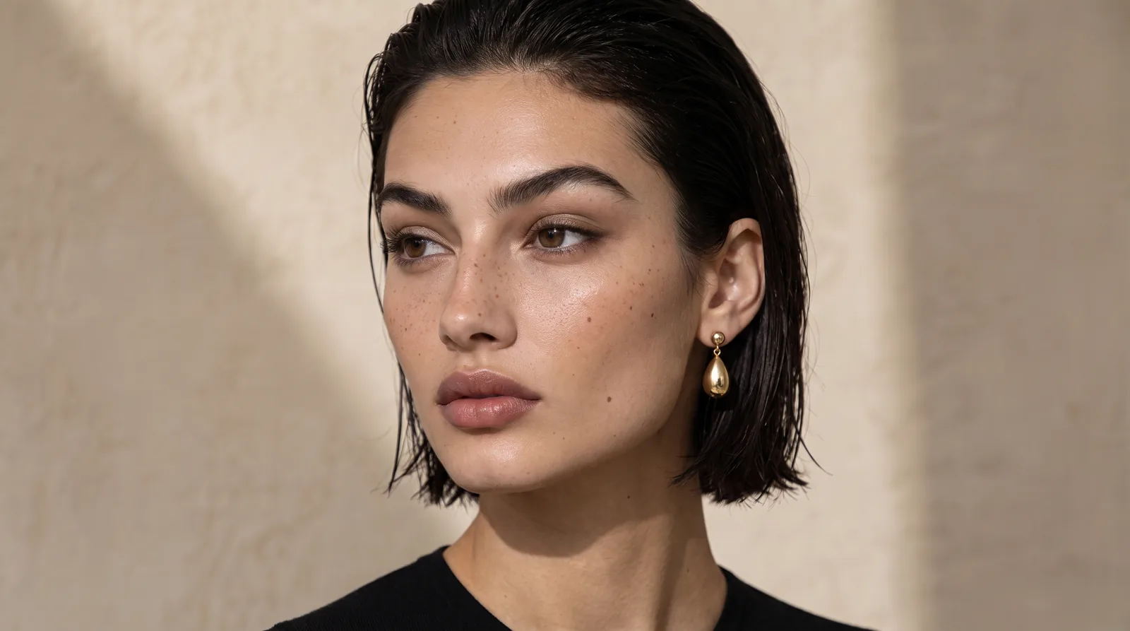 A gold drop earring worn, three-quarter portrait with the hair behind the ear