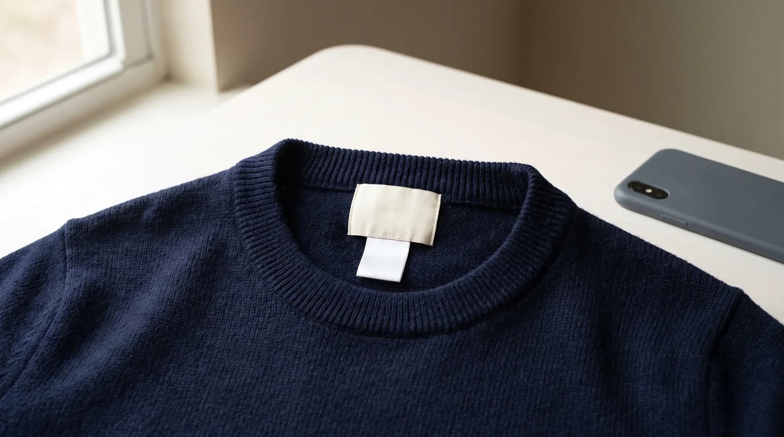 The inside back neck of a navy wool sweater on a white table, showing a blank cream label and a blank white care tag, with a phone lying face-down beside it