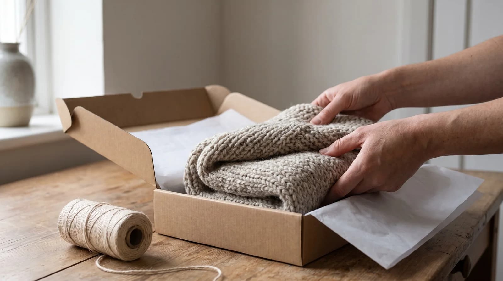 Two hands folding an oatmeal knitted scarf into white tissue paper inside a kraft box, beside a spool of twine on a wooden table
