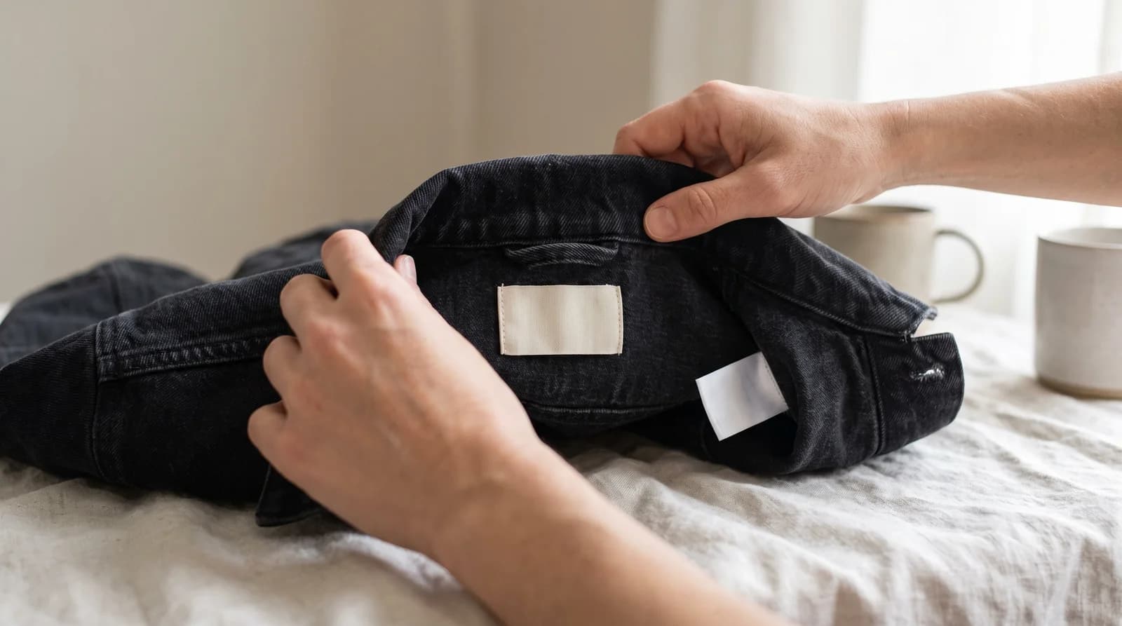 Two hands holding open a washed-black denim jacket on a linen-covered table to show a blank cream label at the inside collar and a small white care tag at the side seam