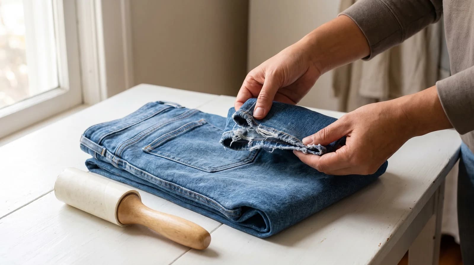 Hands checking the frayed hem of a pair of folded blue jeans on a white table, with a wooden lint roller beside them