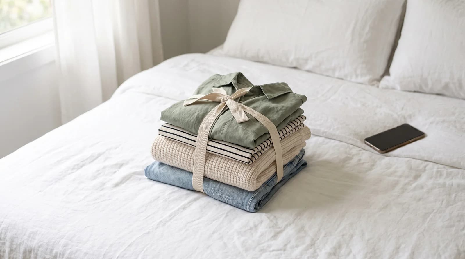 A bundle of folded tops, a sage shirt, a striped tee and a cream knit, on light jeans, tied with a ribbon on a white bed, a phone face-down beside it