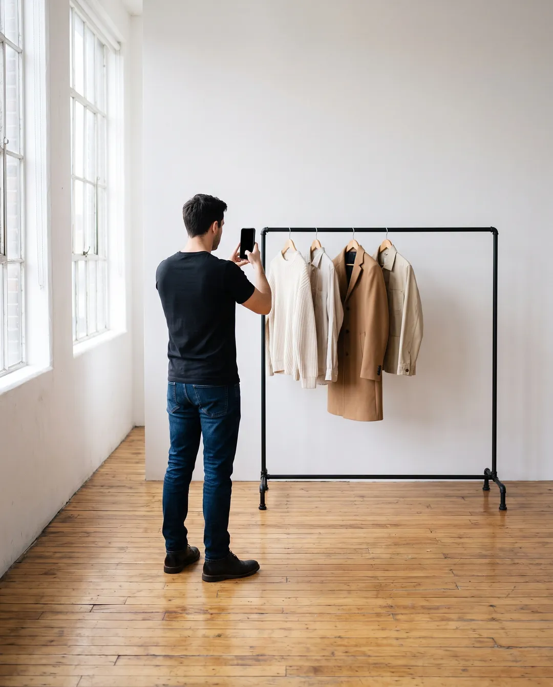 Seen from behind, a man in a black T-shirt and jeans holds up his phone to photograph a cream sweater, two shirts and a camel coat hanging on a black pipe clothing rail in a bright white loft with tall windows and a wooden floor.