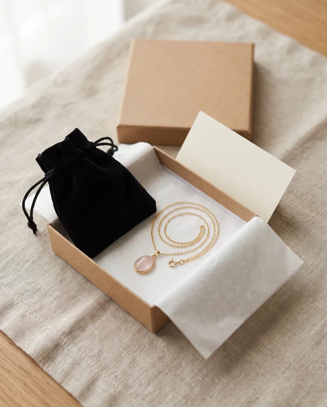 An open plain kraft jewellery box on oat linen holding a black velvet drawstring pouch and a fine gold cable-chain necklace with a small oval rose-quartz pendant coiled on white tissue paper, with a blank cream card leaning against the lid behind it in soft window light.