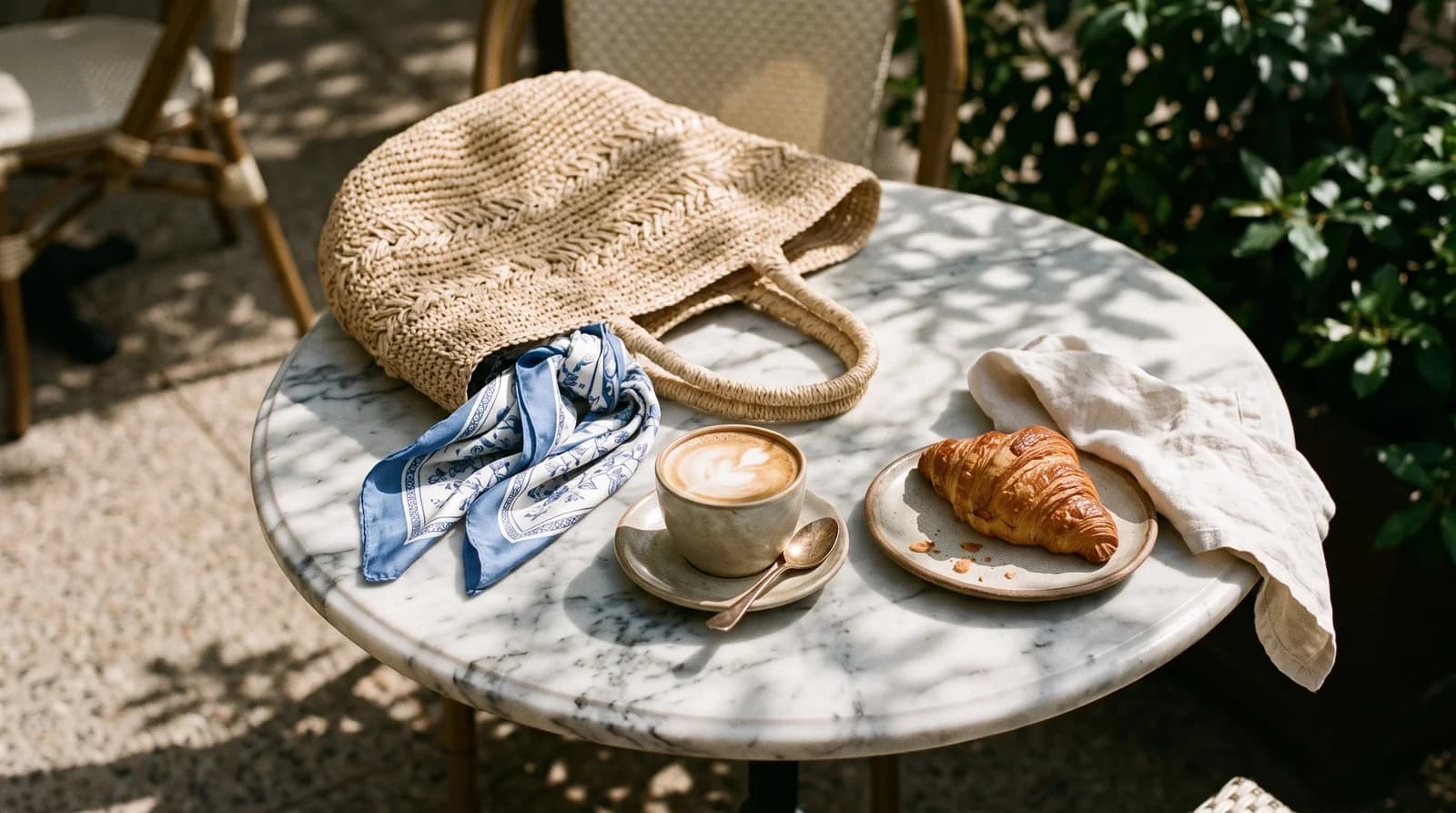 A styled still life on a marble cafe table in morning sun: a straw tote bag with a blue and white silk scarf spilling out, a cappuccino and a croissant.