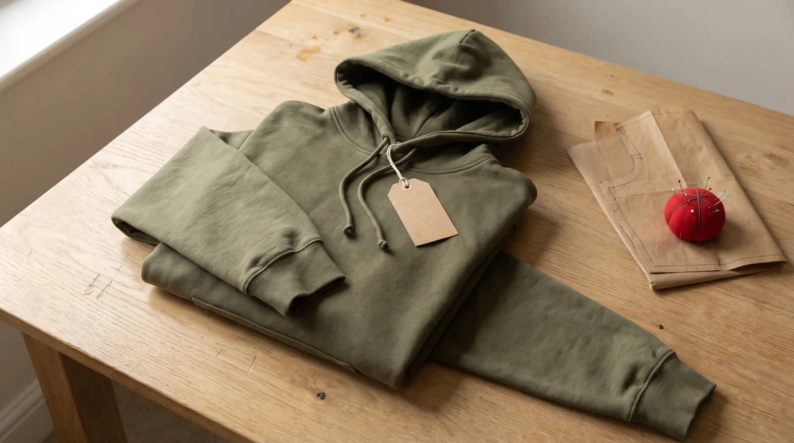 An olive sample hoodie folded on an oak worktable with a blank kraft hang tag on its drawcord, beside a brown paper pattern piece and a small red pincushion