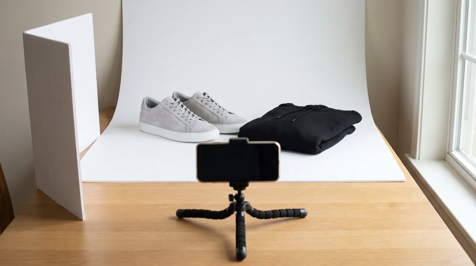 A phone clamped sideways on a small black bendy-leg tripod on an oak table faces a pair of plain grey suede sneakers and a folded black hoodie on a curved white poster-board sweep, with a folded white foam board on the left and a window on the right.