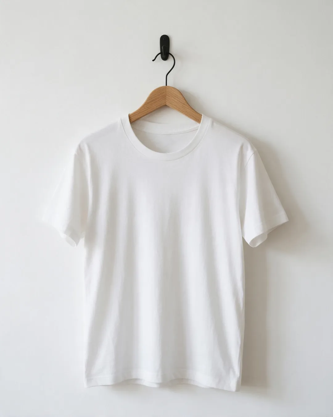A plain blank white crewneck t-shirt on a light oak wooden hanger, hung from a small black wall hook on an empty white wall, softly lit with a faint shadow to the right.