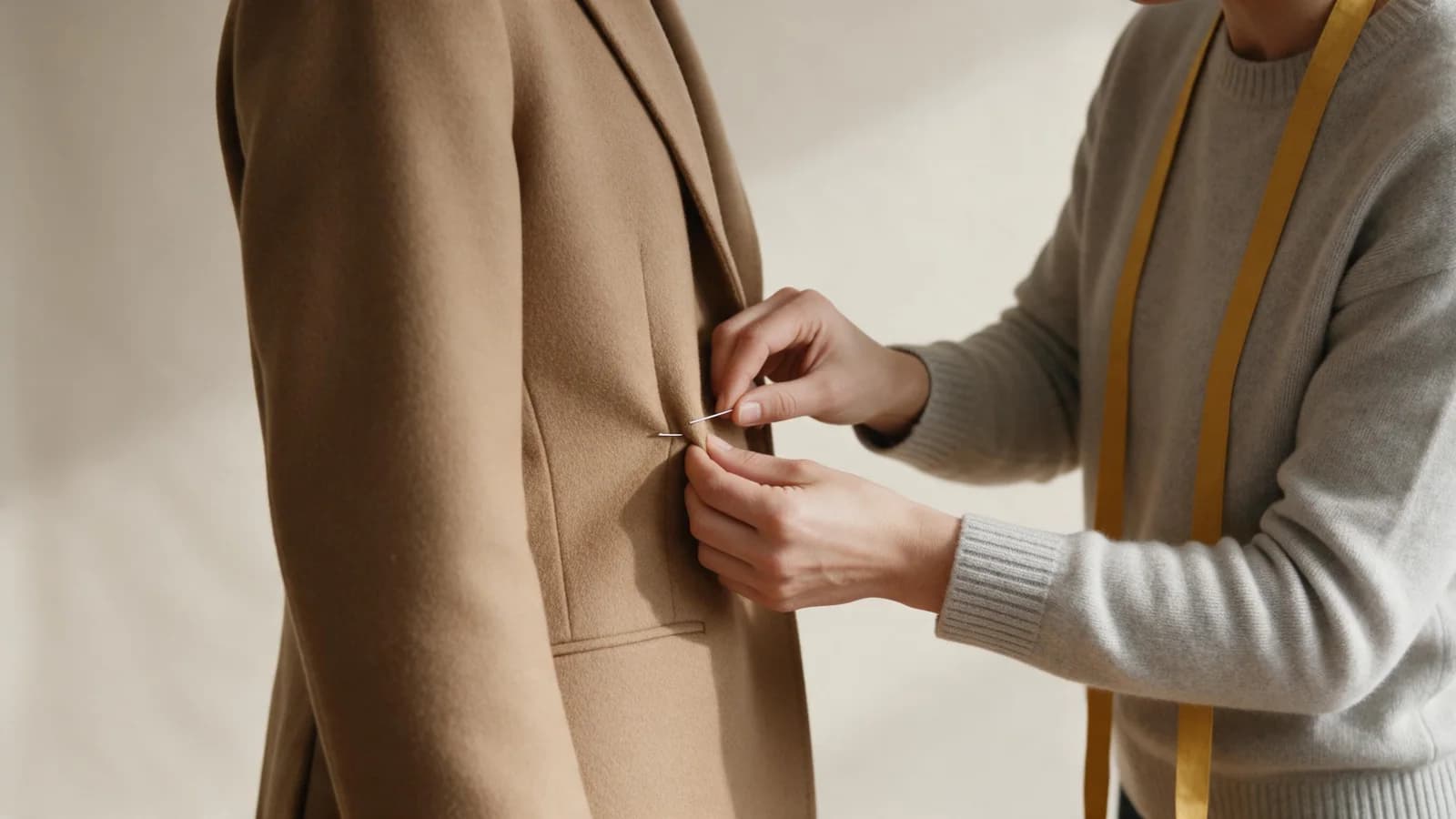 A fitter in a light-grey sweater pinches a fold of a camel wool jacket at the waist and slides in a dressmaker pin, with a plain yellow tape measure hanging around their neck. Only the model's torso is in frame.