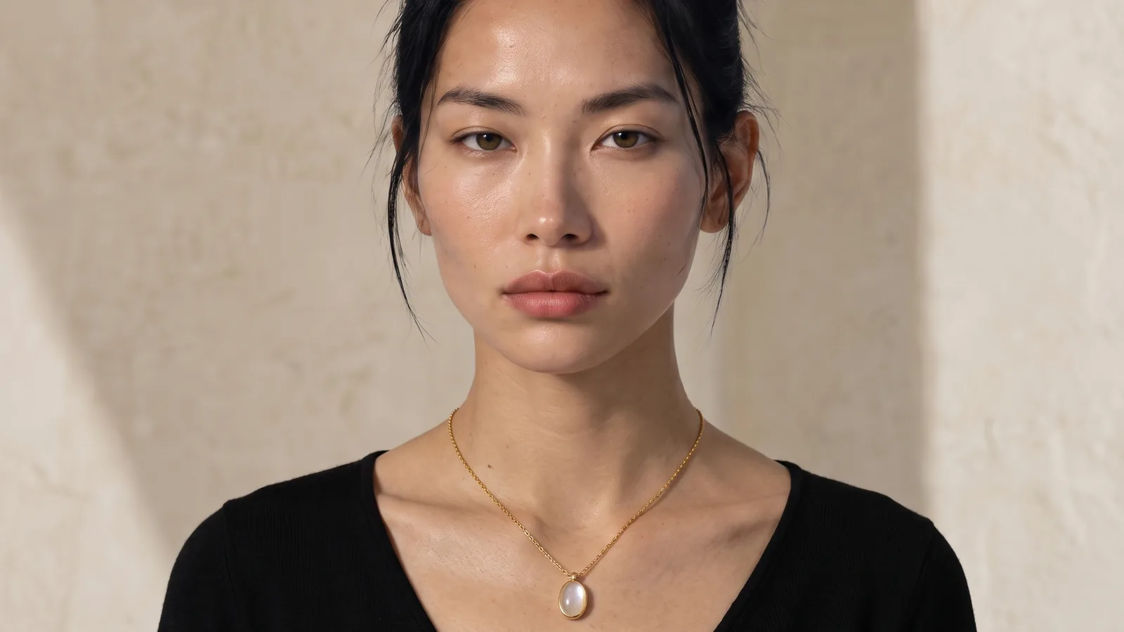 A model in a black top wearing a thin gold chain with an oval moonstone pendant, front portrait