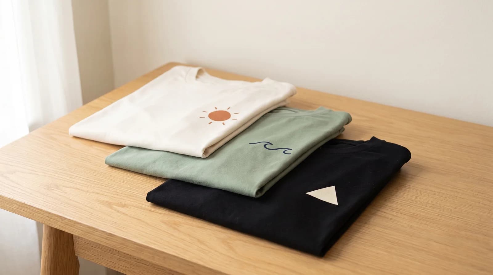 Three folded cotton t-shirts overlapping in a staggered stack on a light oak table in soft window light: an off-white tee with a small terracotta sun print, a sage green tee with a small navy wave line, and a black tee with a small cream triangle.