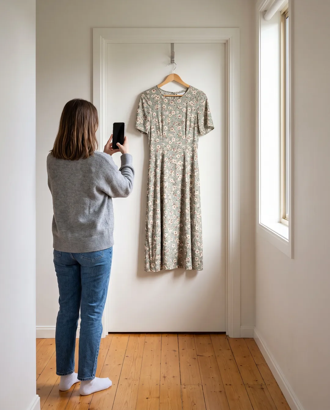 A woman in a grey sweater, jeans and white socks, seen from behind, holds a phone up in both hands to photograph a sage floral midi dress on a wooden hanger hooked over a plain white door, in a hallway lit by daylight from a window on the right.