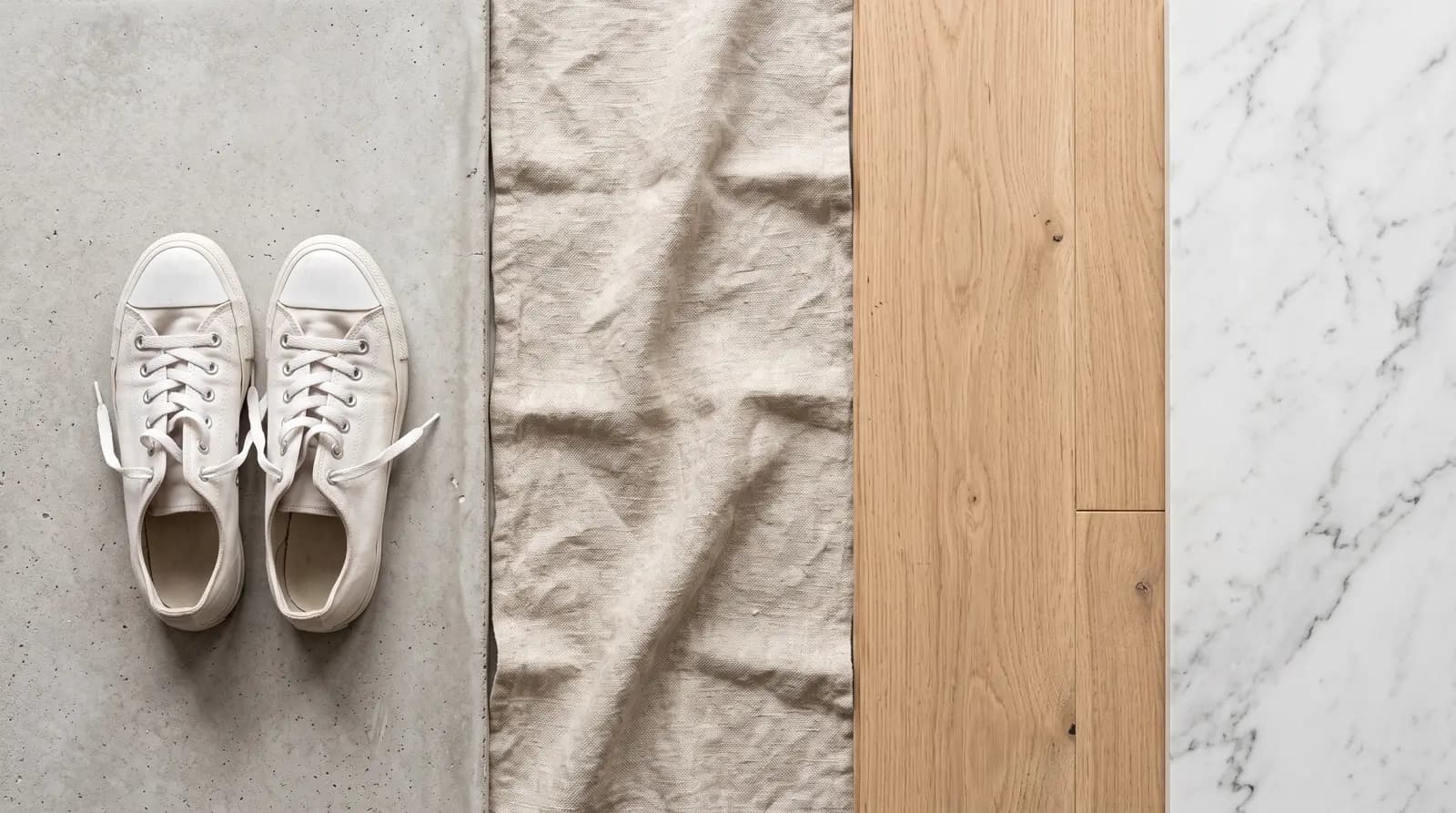 Four background surfaces side by side, seen from above: grey concrete with a pair of white canvas sneakers on it, natural linen, light oak and white marble.