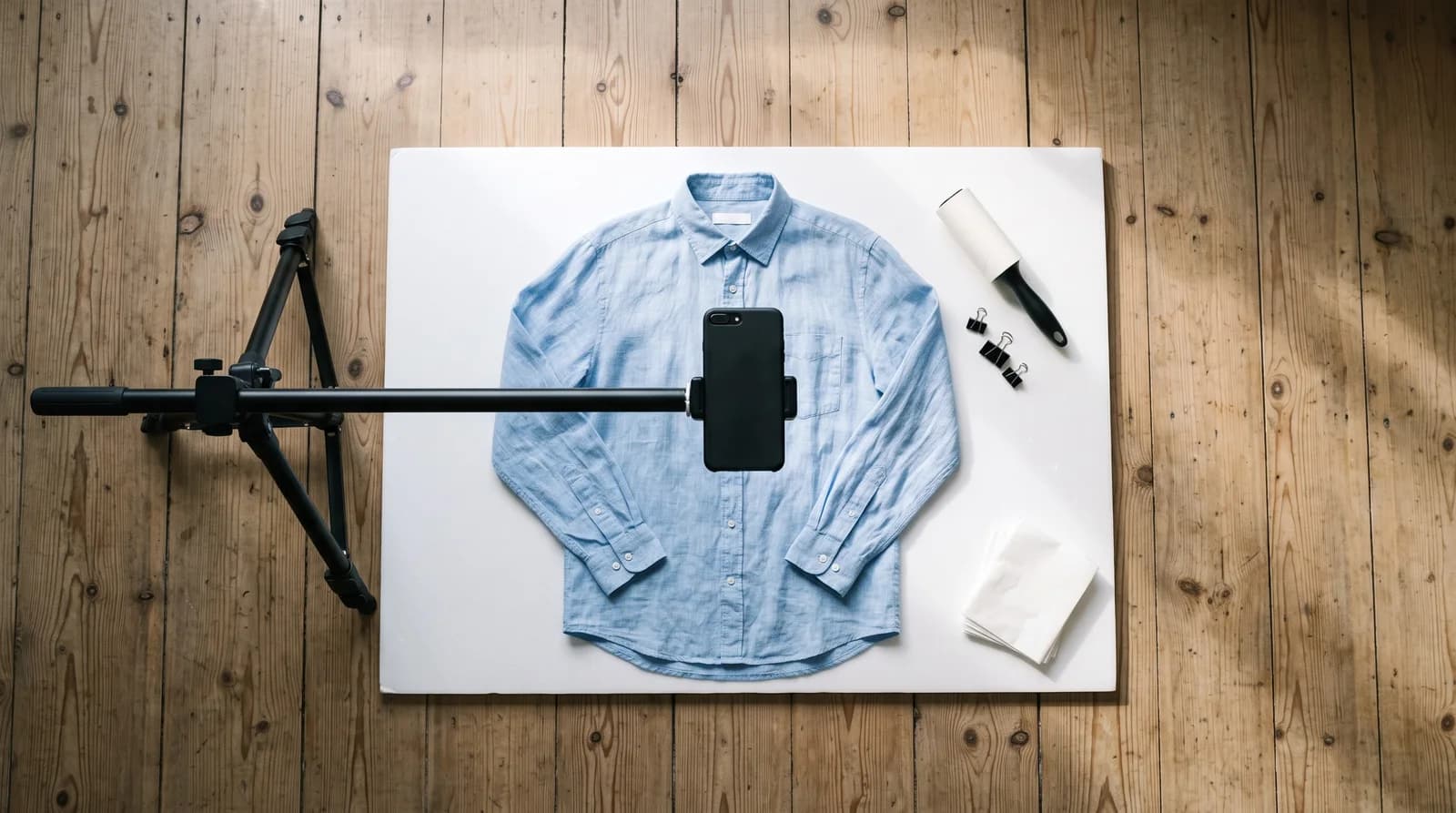 Overhead flat-lay station: a light blue linen shirt on a white foam board, a phone held over it on a tripod arm, with a lint roller, binder clips and tissue paper beside it.
