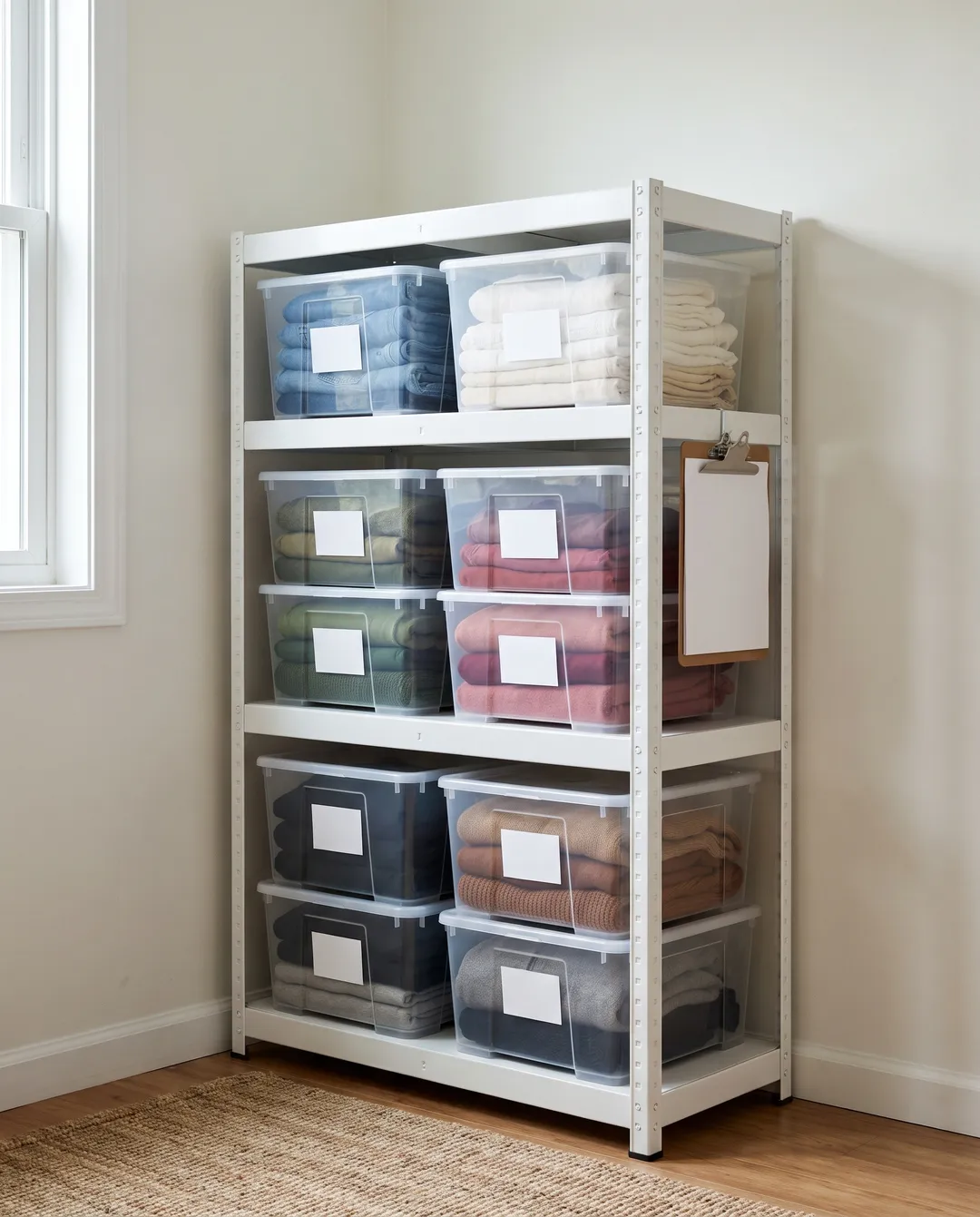 A white metal shelving unit holding clear plastic bins of folded clothes sorted by colour, each bin with a blank white label, and a blank clipboard hanging on the shelf end