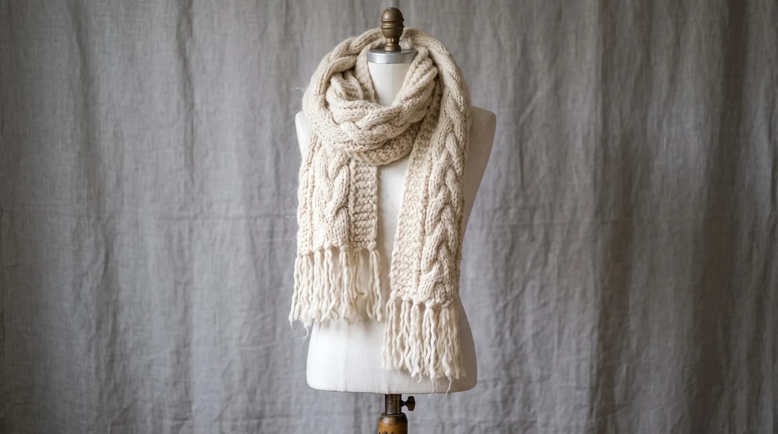 A chunky cream cable-knit wool scarf wrapped once around the neck of a white dress form, ends hanging with fringe, against a grey linen backdrop.