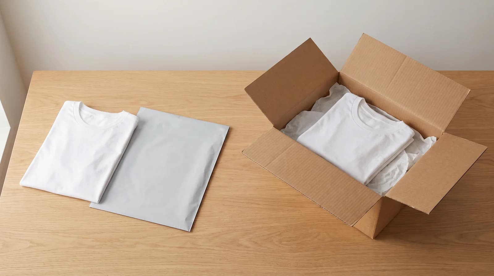 On an oak table, a folded white t-shirt next to a flat grey poly mailer of about the same size, and an identical folded t-shirt in tissue inside a much larger open kraft cardboard box