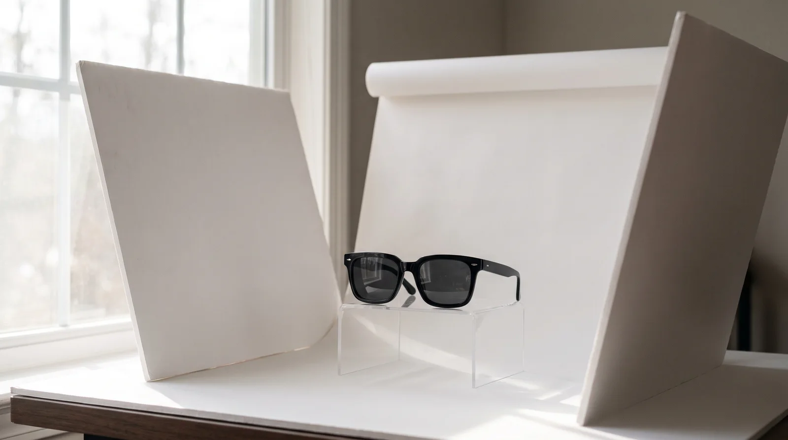 A home product-photo setup: black sunglasses on a small clear acrylic stand between two white foam boards, with a curved white paper background and window light.