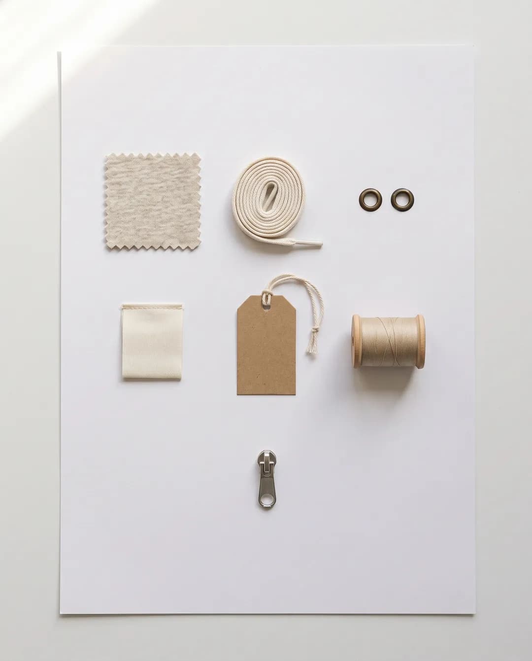 Overhead flat lay on white paper of a fleece swatch, coiled cream drawcord, two brass eyelets, a blank woven label, a blank kraft hang tag, a spool of thread and a zipper pull, set out in a grid