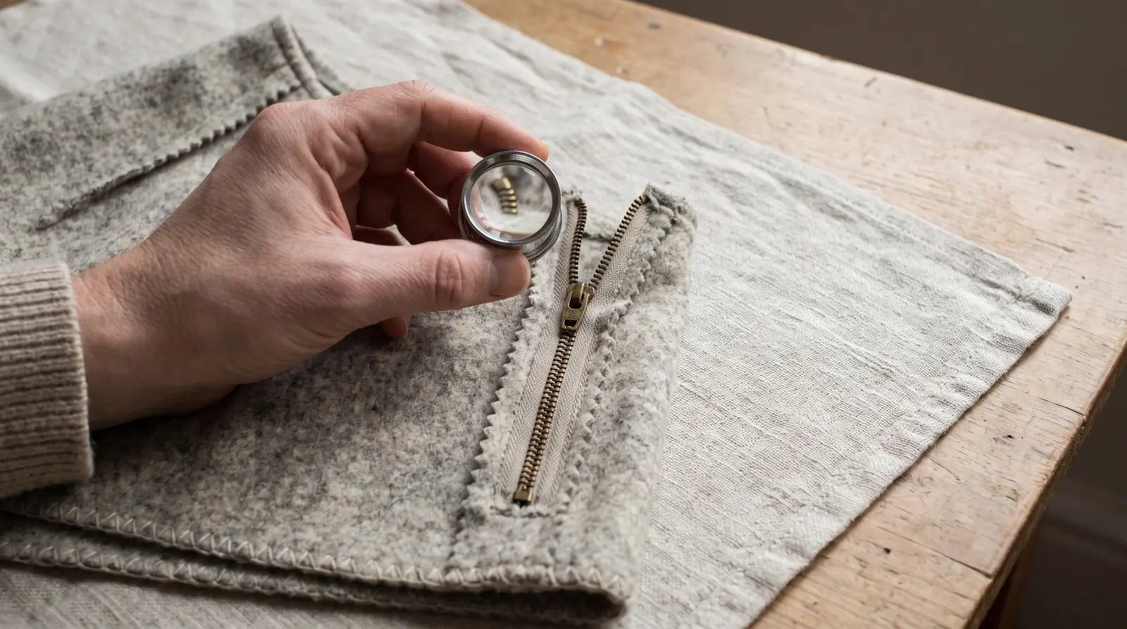 A hand holding a small magnifier over a brass metal zipper sewn into a gray wool piece with zigzag pinked edges, on a linen cloth on a wooden table