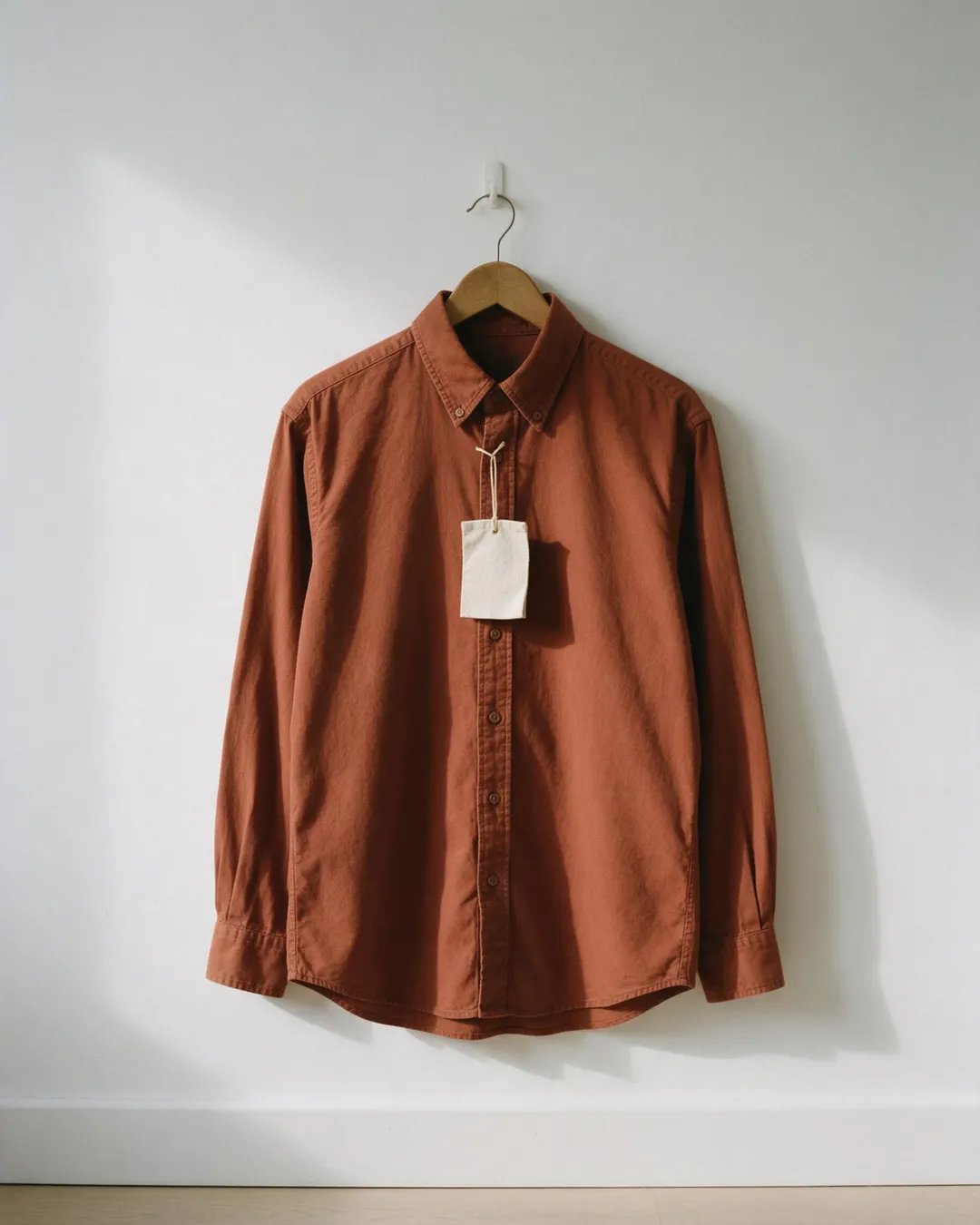 A rust-coloured cotton button-down shirt on a wooden hanger, hung from a small white wall hook on a plain white wall, with a blank cream fabric tag tied just below the collar and soft daylight from the left.
