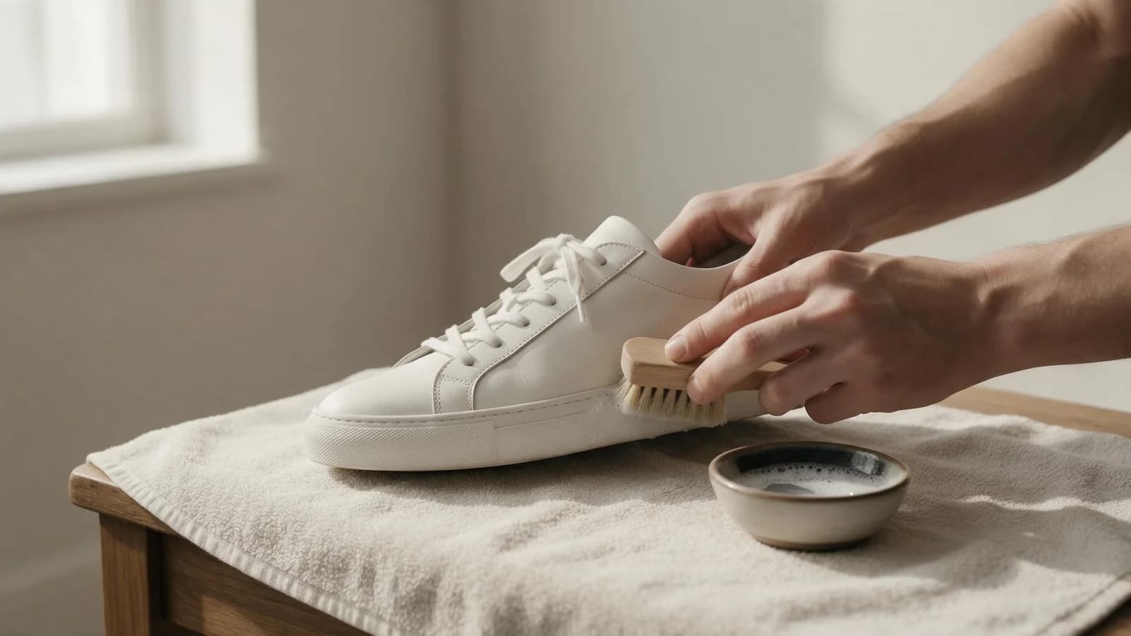 Hands scrubbing the rubber midsole of a white leather sneaker with a soft wooden-handled brush on a towel, a bowl of soapy water beside it