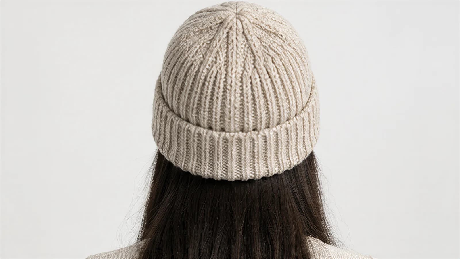 Ribbed beanie worn, back view