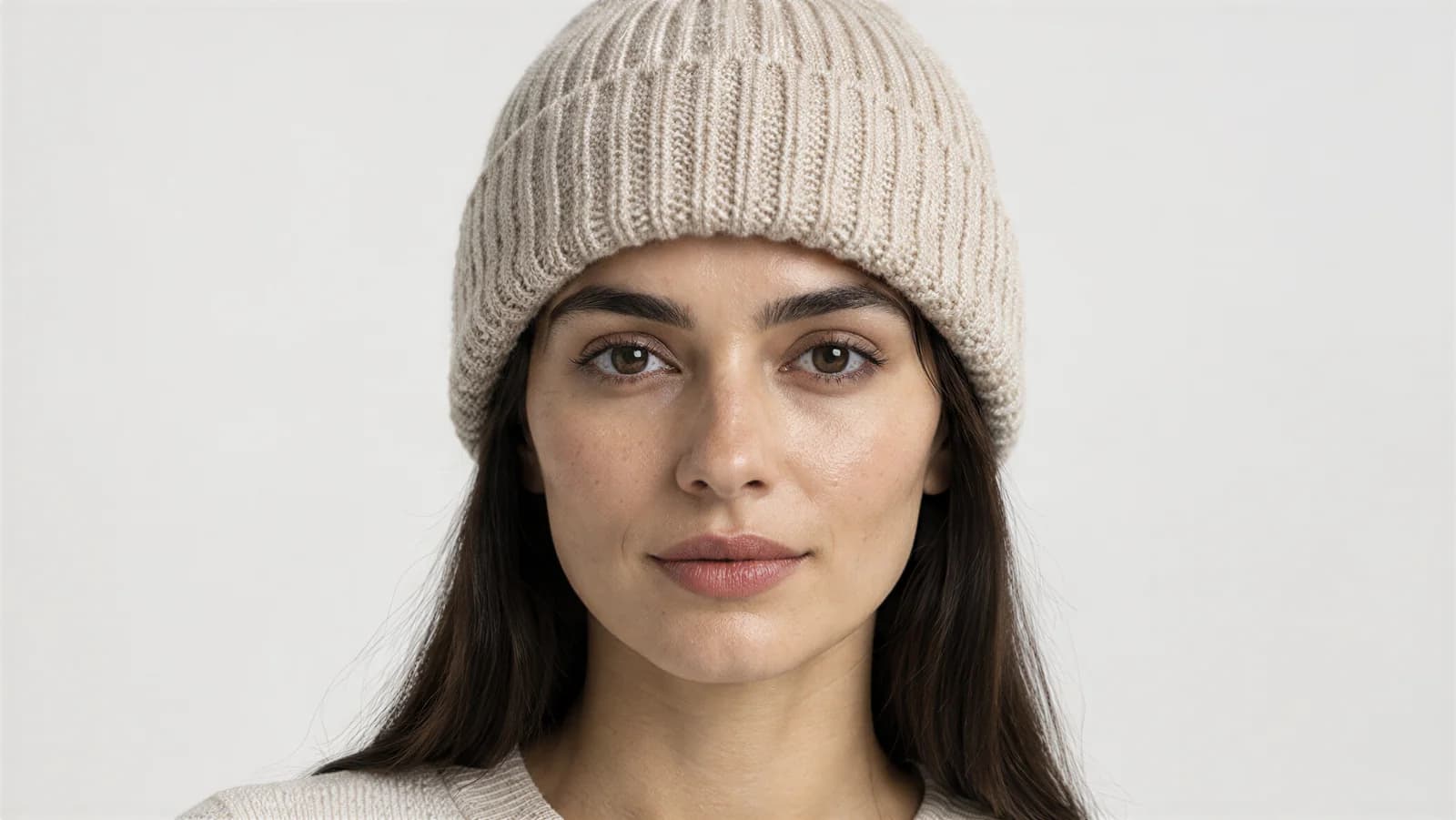 Ribbed beanie worn by a model, front portrait