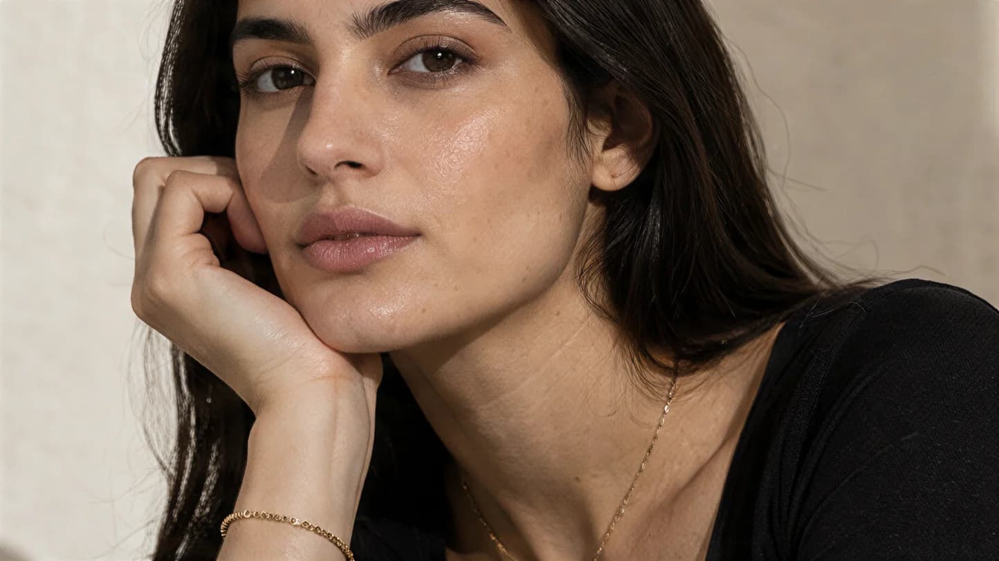 A woman with long dark hair in a black top and a thin gold necklace rests her chin on her hand, the fine gold chain bracelet on her wrist