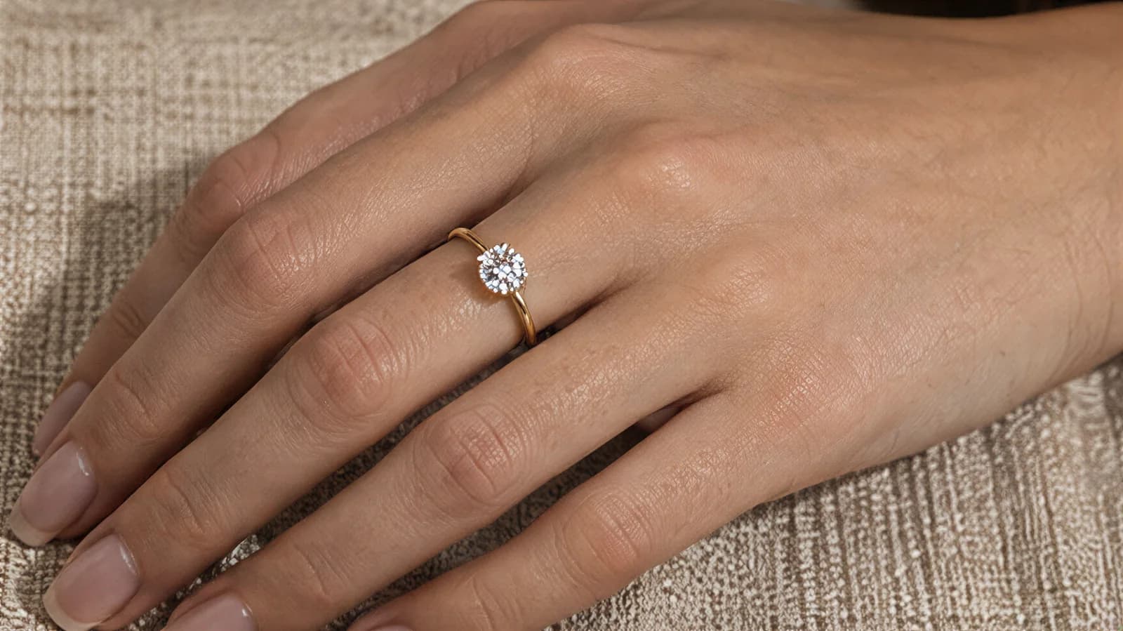 The gold solitaire ring worn on the ring finger of a hand resting on beige linen