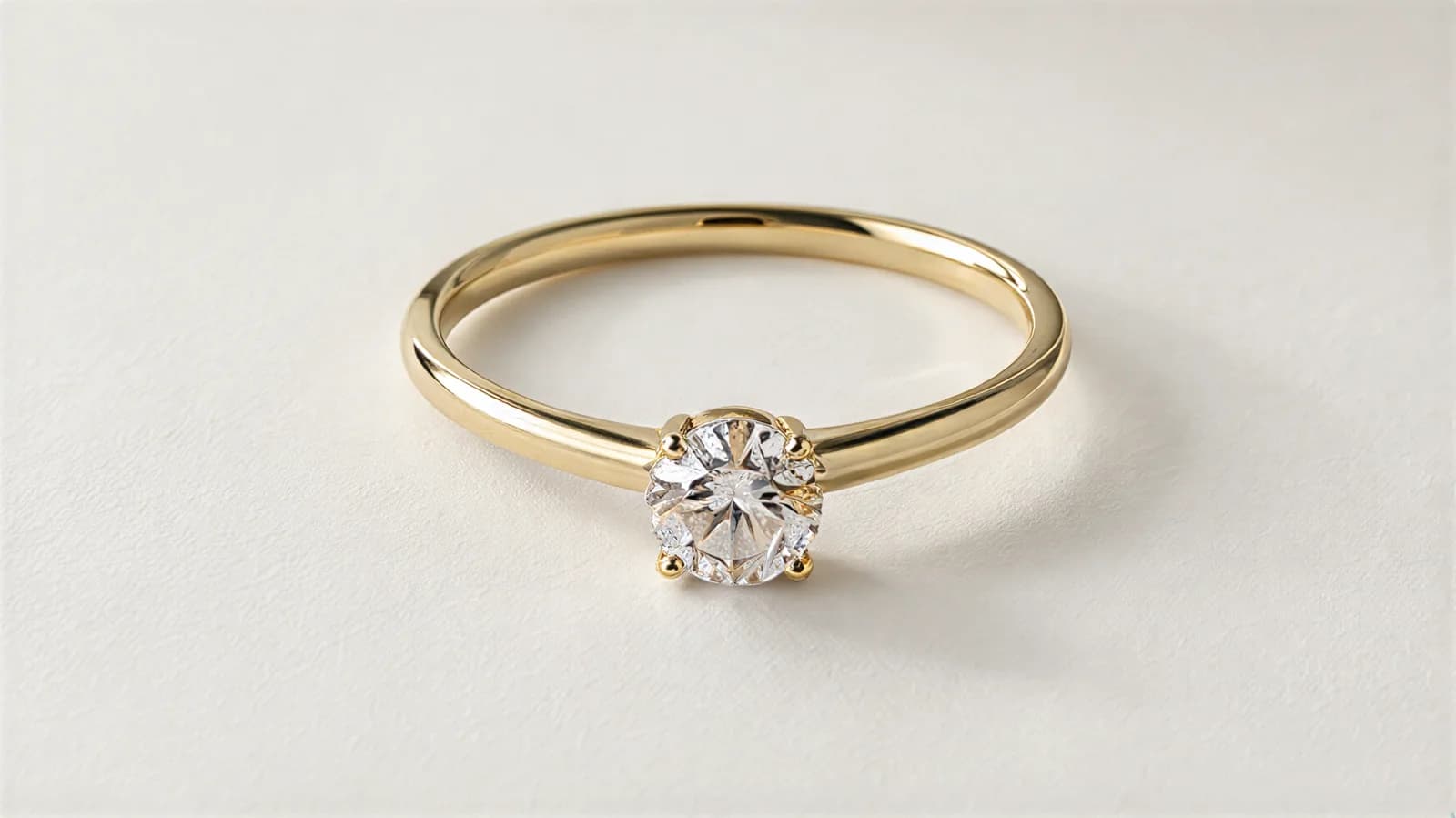A gold solitaire ring with a round clear stone lying on an off-white surface