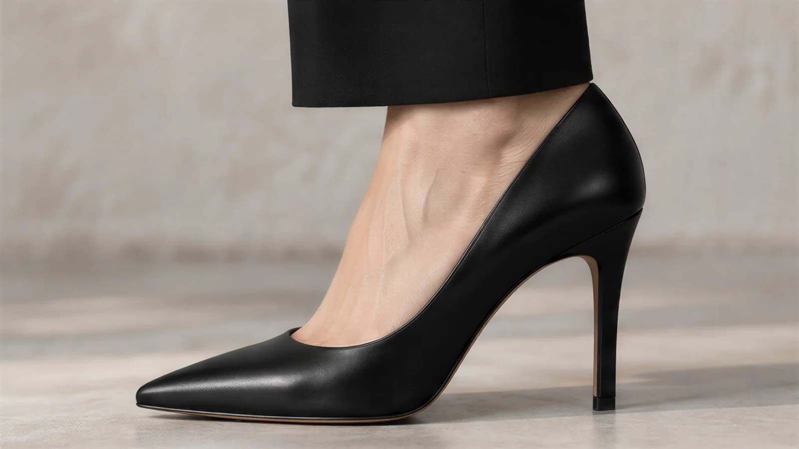 Close-up of a black pointed-toe stiletto pump on the foot, below the hem of black trousers