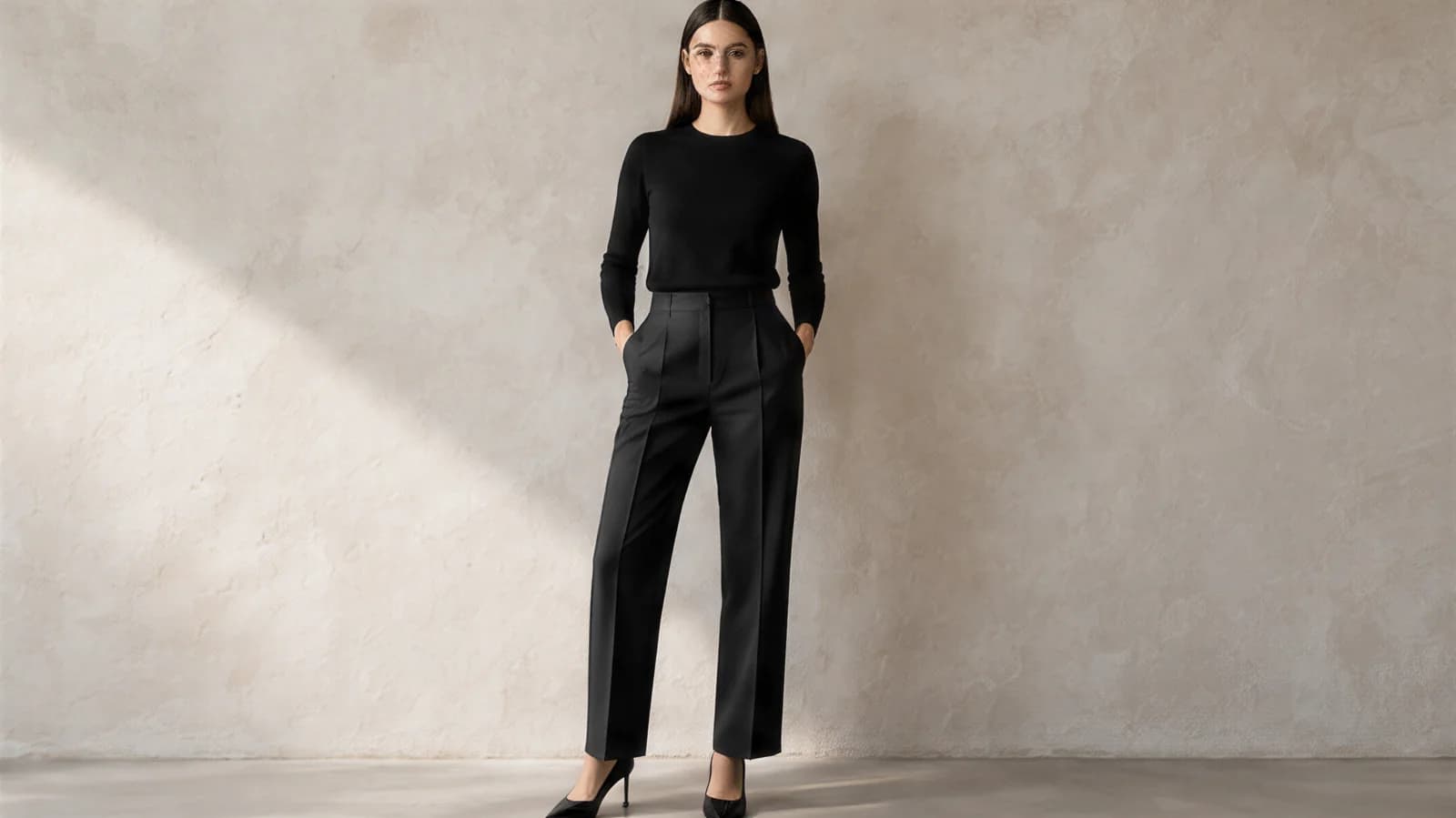 A model in a black sweater and black tailored trousers wearing black pointed-toe pumps, standing against a pale plaster wall
