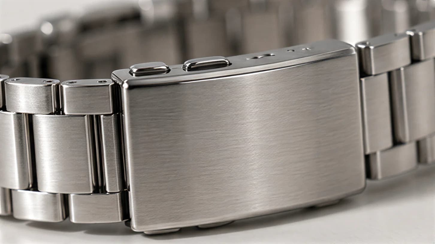 Close-up of the brushed steel fold-over clasp with two push buttons on the chronograph bracelet