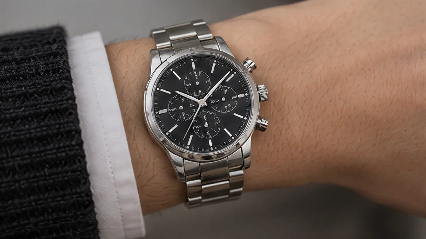 The steel chronograph worn on a wrist, seen from the side, with a black knit sleeve and a white shirt cuff pushed back