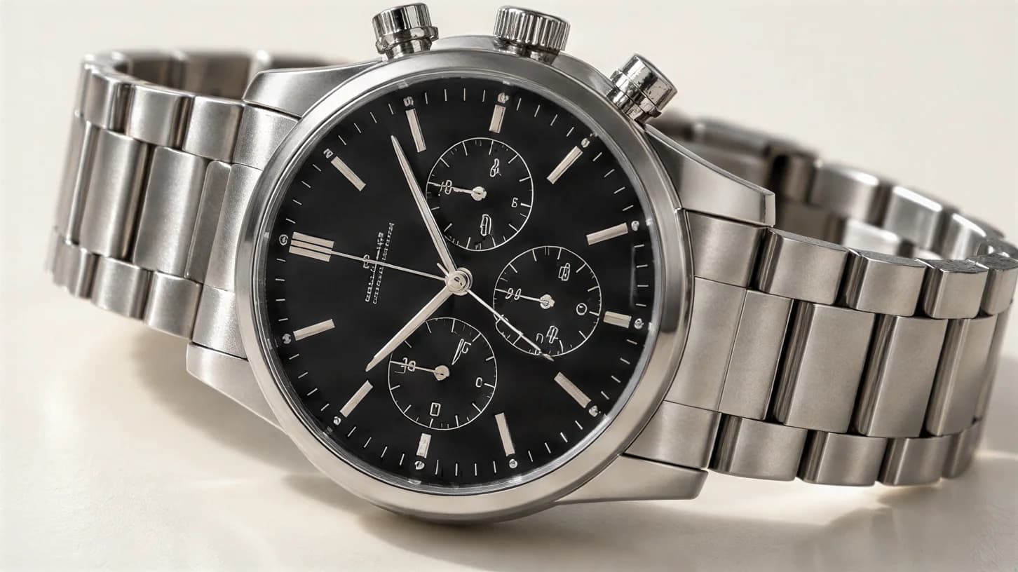 A steel chronograph with a black dial, three sub-dials, two pushers and a steel link bracelet, lying on a white surface