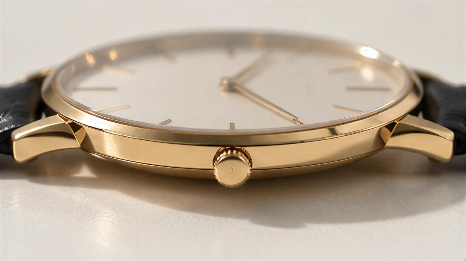 A low side view of the gold dress watch case with the crown in focus, on a white surface