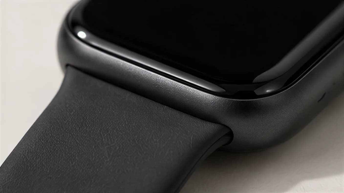 Macro close-up of the smartwatch case edge and the textured black silicone strap