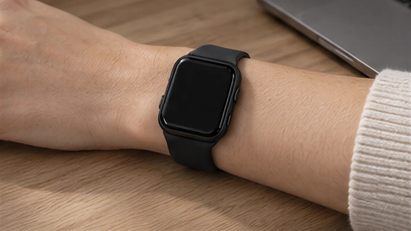 The black smartwatch worn on a wrist resting on a wood desk beside a laptop, with a cream ribbed sleeve