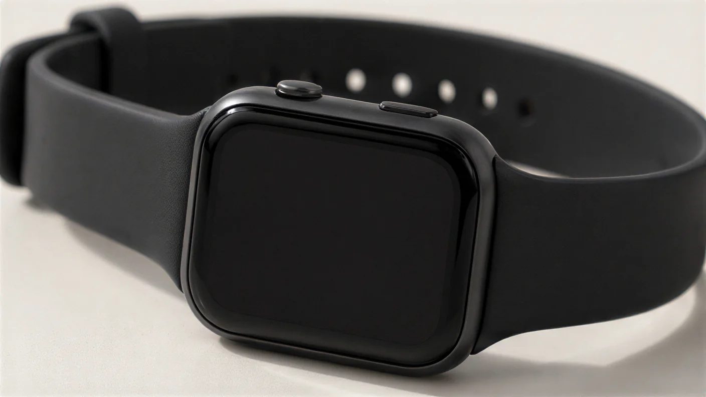 A black smartwatch with a dark screen and a black silicone band, lying on a white surface