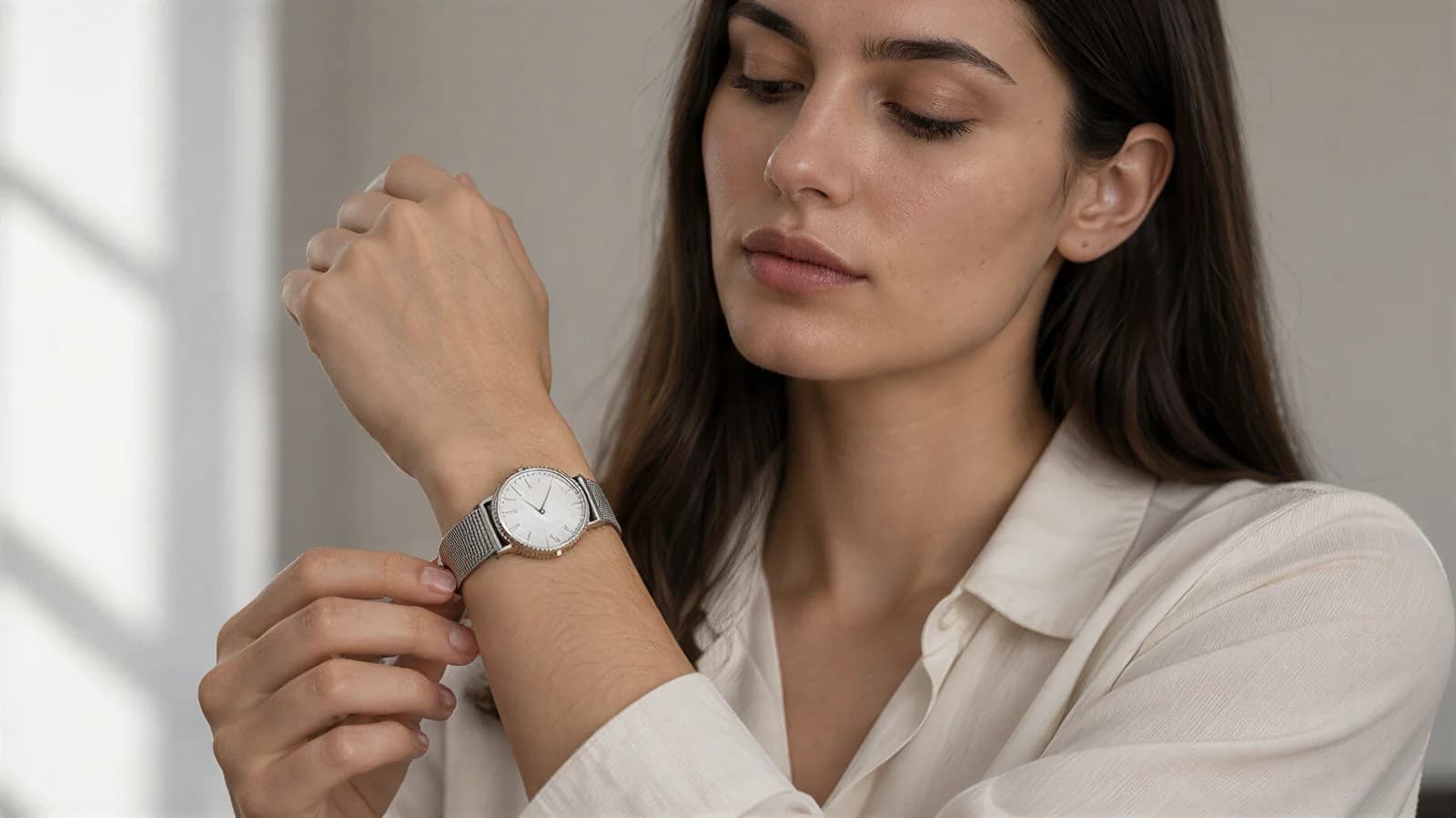 A model in a cream shirt adjusting the mesh-strap wristwatch on her wrist, in window light