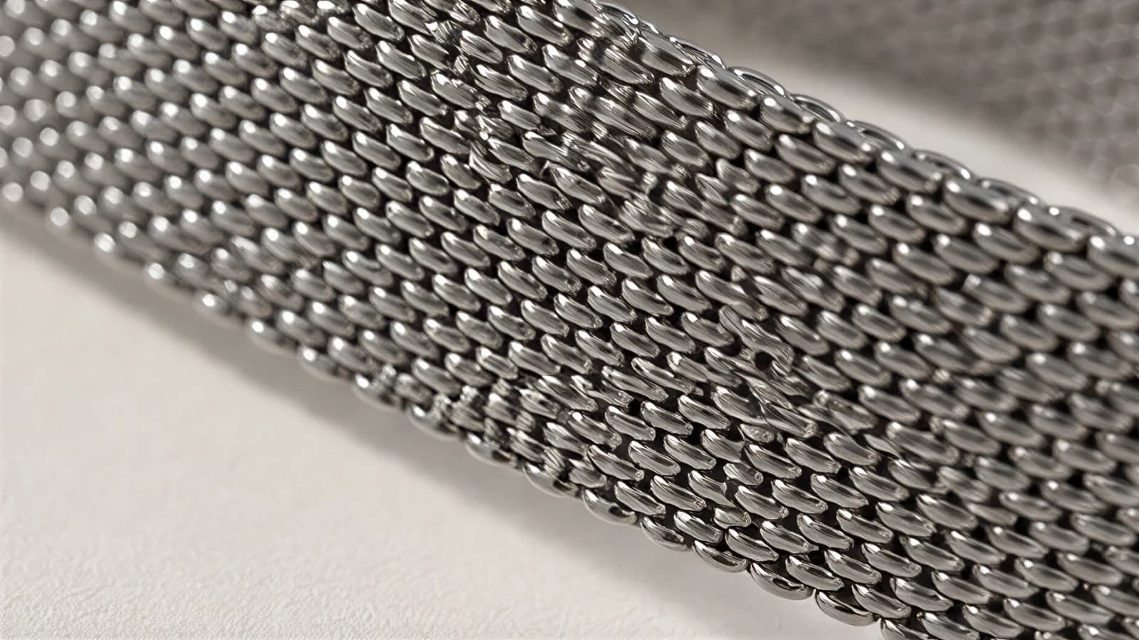Macro close-up of the woven steel mesh strap