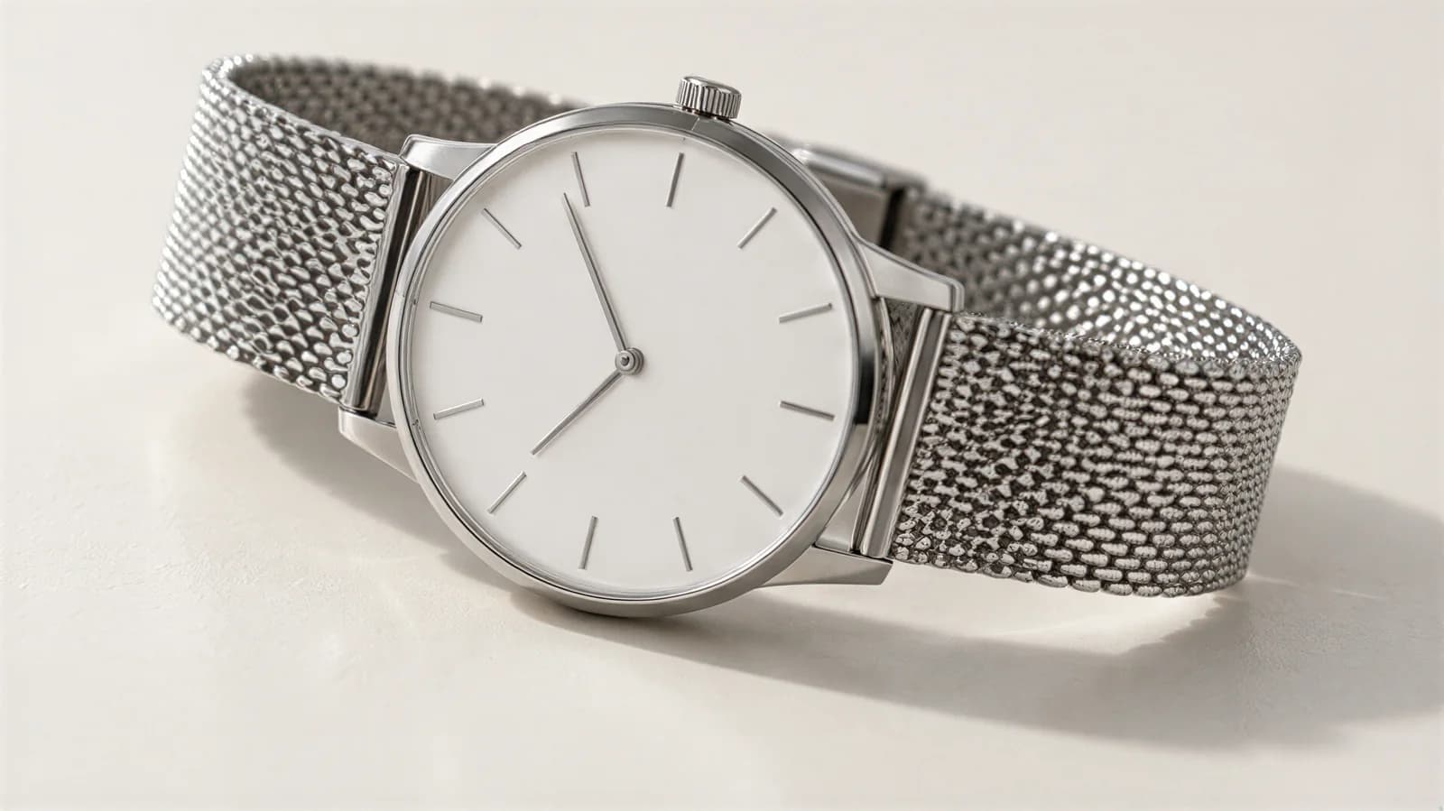 A silver wristwatch with a white dial and a steel mesh strap lying on an off-white surface