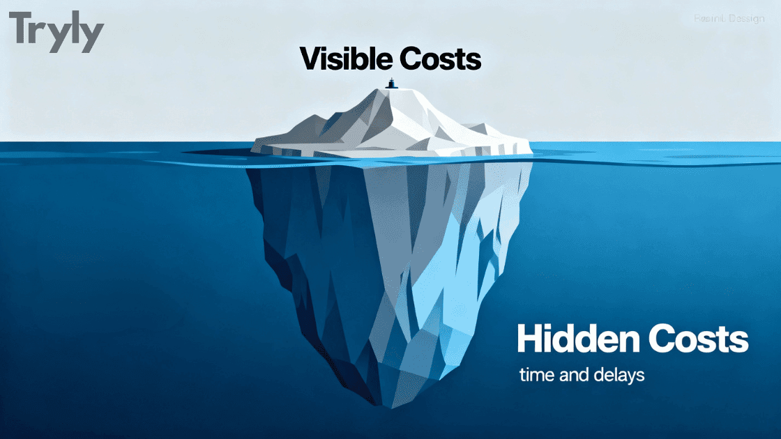 An iceberg infographic: a small peak labelled Visible Costs above the waterline and a much larger mass labelled Hidden Costs, time and delays, below it
